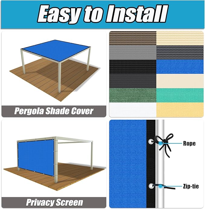 Amagenix 90% Pergola Shade Cover 8' X 13' Sun Shade Cloth with Grommets for Outdoor Garden Patio Porch, Commercial Grade 200 GSM - Cable Zip Ties Included (We Customized) GN108, Blue