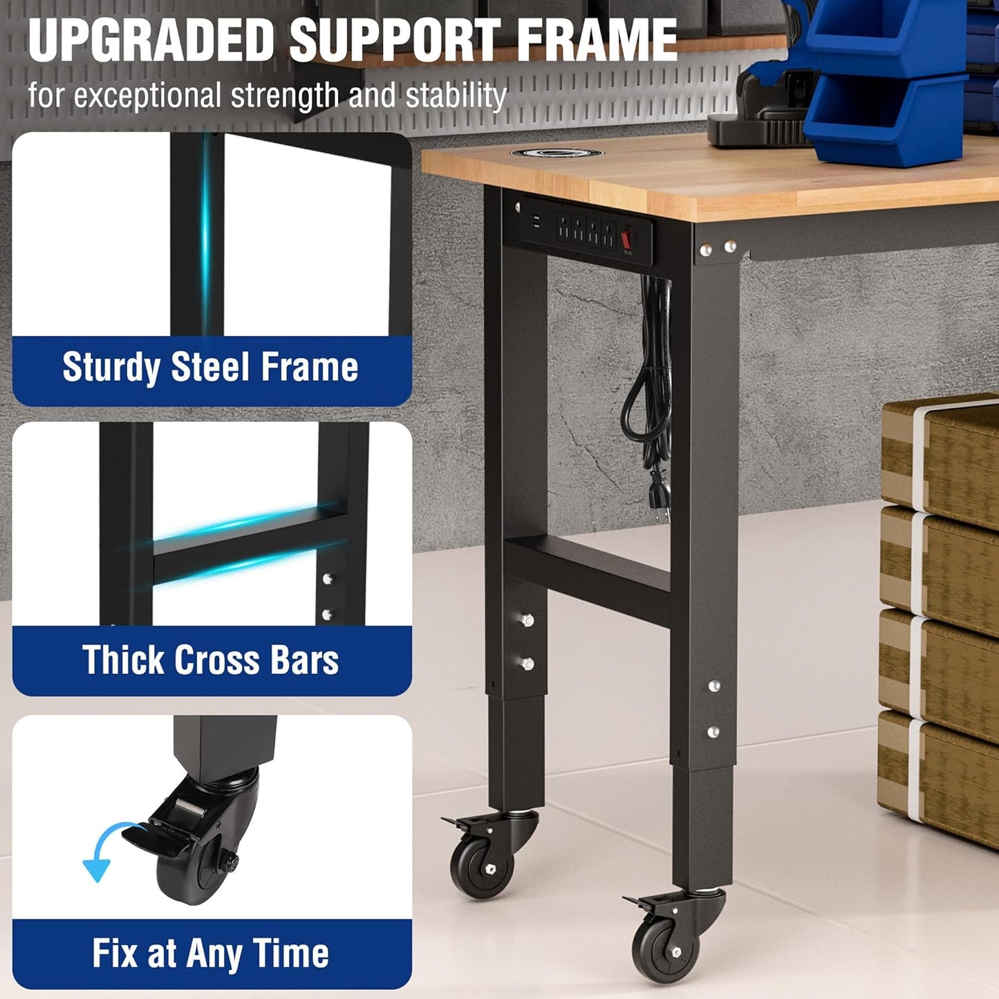 WORKPRO Garage Workbench, 48"X22" Adjustable Workbench with Wheels and Leveling Foot, Rubber Wood Top Work Desk with Power Outlets, 1500 LBS Workbenches for Garage, Workshop