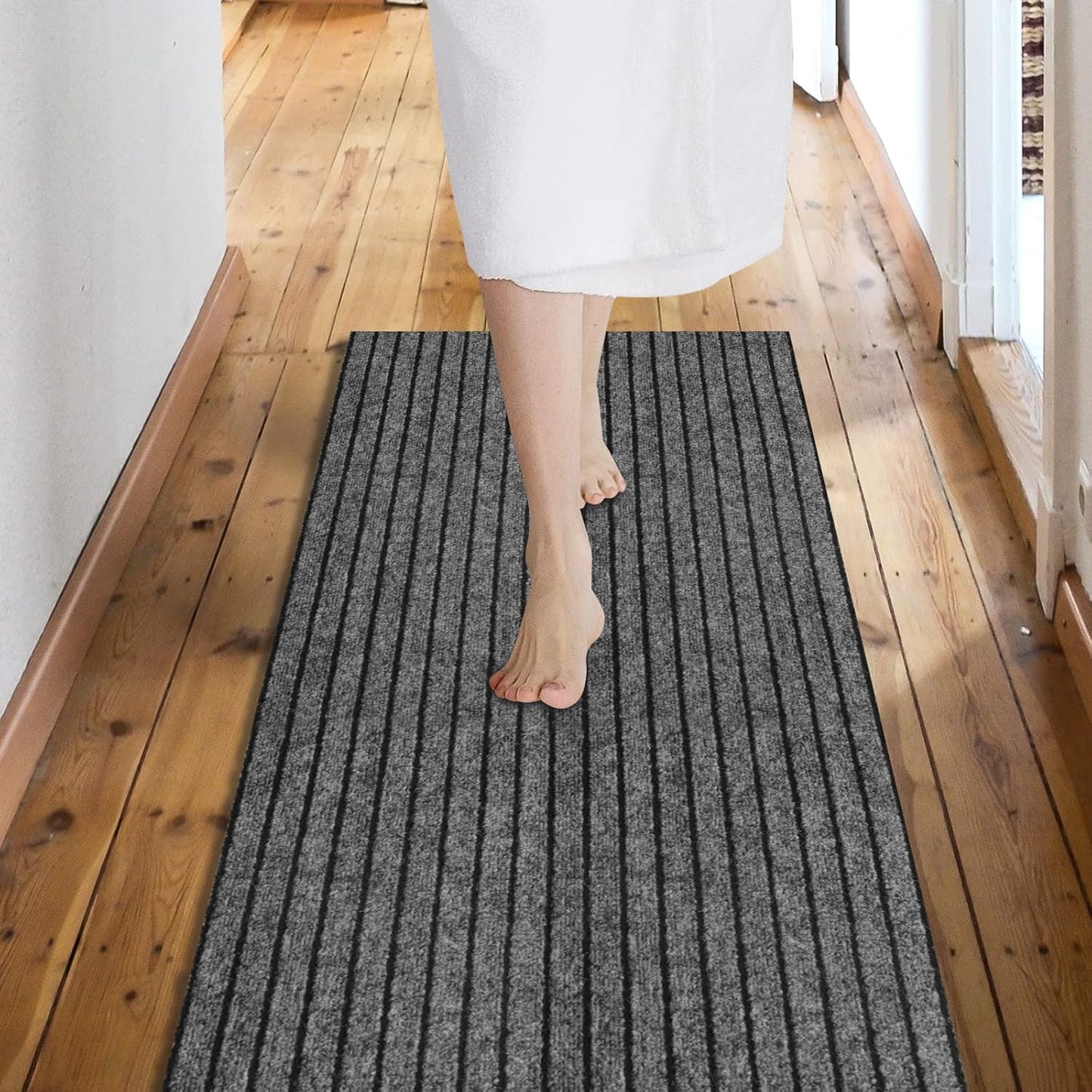 Custom Size Backed Non-Slip Area Rugs Runner, Easy Clean, Waterproof Runner Rugs for Hallway Entryway, Kitchen, Laundry, 4FT x 50FT, Gray Stripe