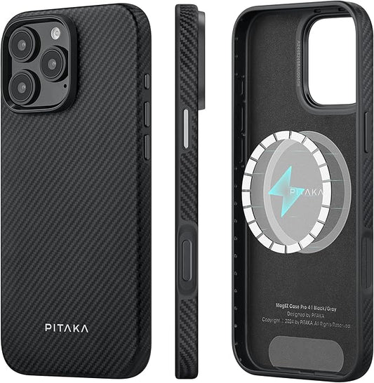pitaka Case for iPhone 16 Pro Max, 6.9" - MagSafe Compatible, Shockproof, 600D Aramid Fiber & TPU Combined [Military Grade Protective Case - Black/Grey (Twill)]