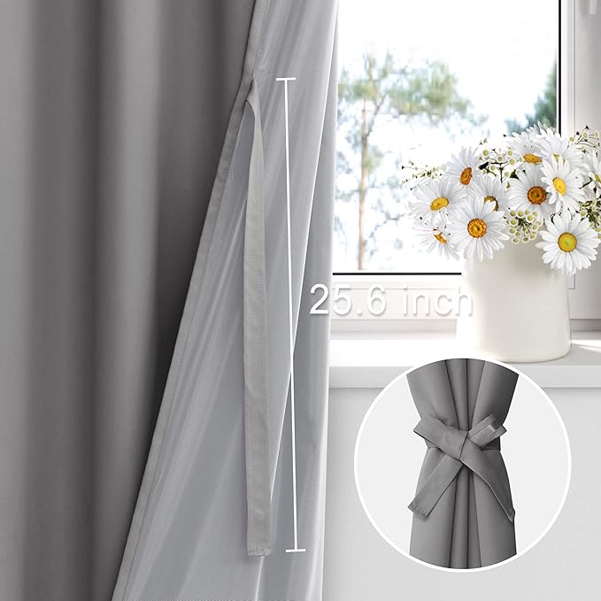 XWZO 100% Blackout Curtain Panels - Thermal Insulated Black Liner Curtains, Noise Reducing and Heat Blocking Drapes for Hall and Studio Windows with Tiebacks, Grey, W42 x L63, Set of 2