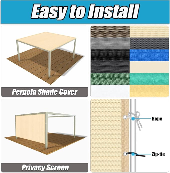 Amagenix 90% Pergola Shade Cover 6' X 7' Sun Shade Cloth with Grommets for Outdoor Garden Patio Porch, Commercial Grade 200 GSM - Cable Zip Ties Included (We Customized) GN108, Wheat