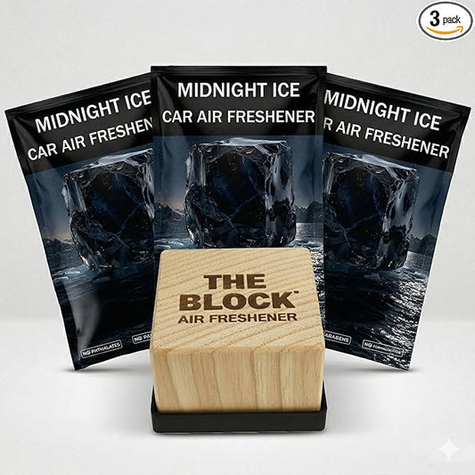 The Block - Wooden Car Air Freshener & Odor Eliminator - Long Lasting 30+ Day Scent - Car & Home Use - Fresh Gift Idea - Made in USA - MIDNIGHT ICE 3-Pack