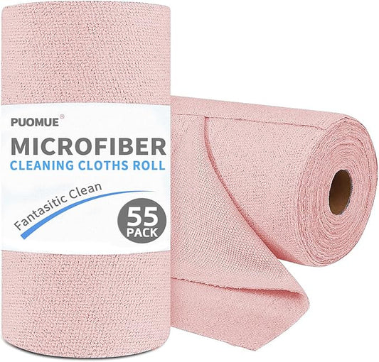 Puomue 55 Pack Microfiber Cleaning Cloth Roll, Tear Away Reusable Towels, 11" X 9", Ultra Absorbent & Lint Free Microfiber Cloth for Cleaning Cars, Kitchen, Window, Home and Shop (Pink, 9"X11"-55PK)