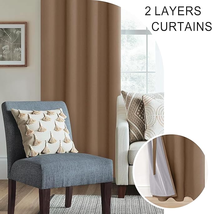 XWZO 100% Blackout Curtain Panels - Thermal Insulated Black Liner Curtains, Noise Reducing and Heat Blocking Drapes for Hall and Studio Windows with Tiebacks, Cappuccino, W38 x L84, Set of 2