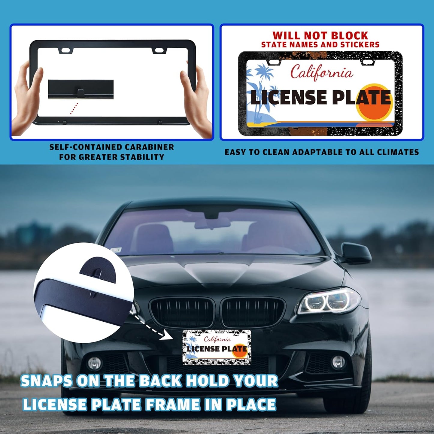 Skull License Plate Frame Black White Skeleton Stainless Steel License Plate Holder for Front or Rear Car Tags Funny for Car Decoration Accessories with Screws 6.3 X 12.2 in for Women Men