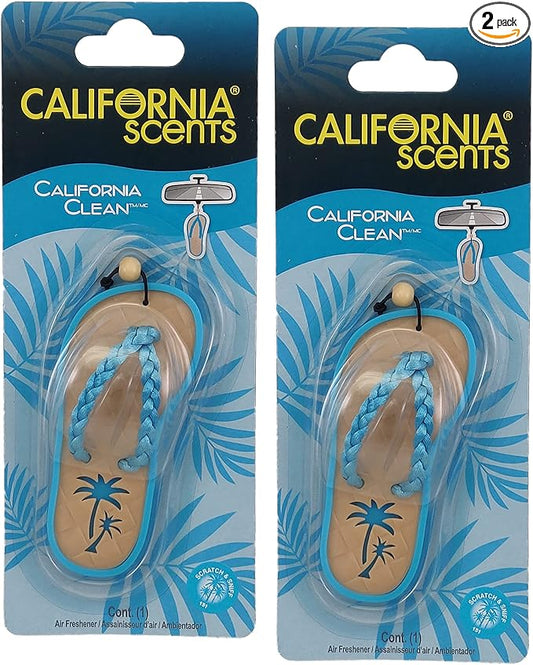 California Scents Scented Sandal Hanging Car Air Freshener - Odor Eliminator for Strong Odor - Flip Flop Car Fresheners (California Clean, 2 Packs)