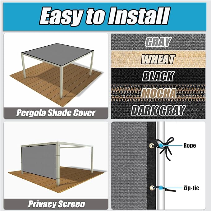 Amagenix 90% Shade Fabric 15'X 24' Gray Sun Shade Cloth with Grommets for Pergola Replacement Shade Cover Canopy, Heavy Duty, Cable Zip Ties Included (We Customized)