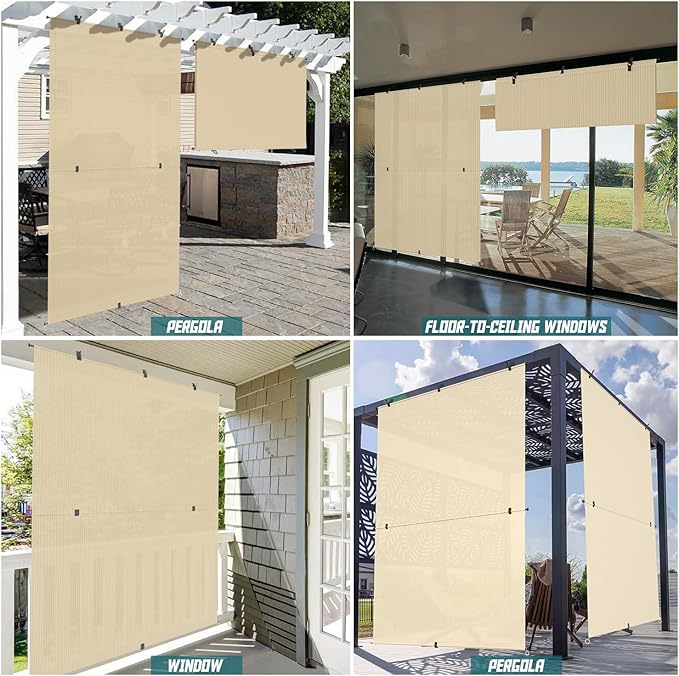 Bynbbur 5'W x 7.5'H Outdoor Patio Shades Foldable Roller Blinds, 220 GSM Sun Shade Roll Up Porch Screens Exterior Shade Cloth for Deck Pergola Backyard, Beige