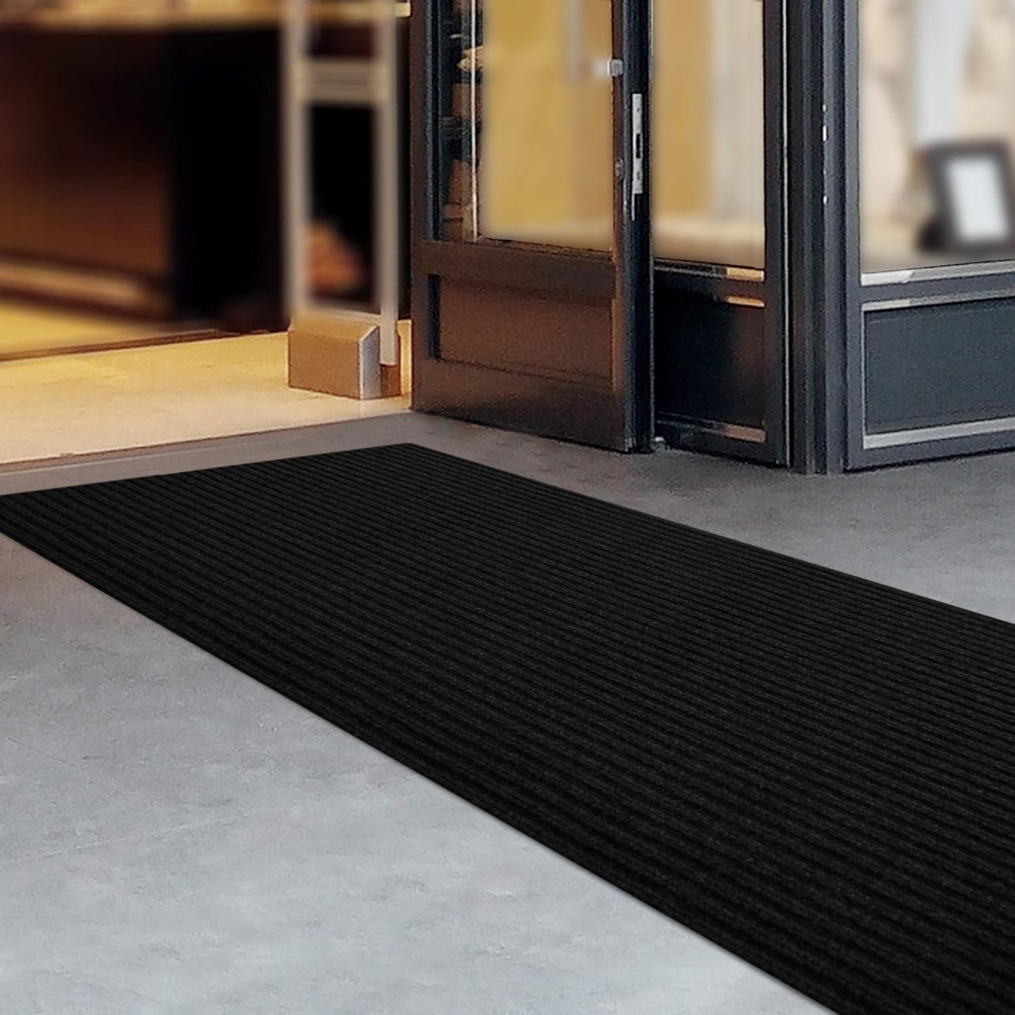 iCustomRug Spartan Weather Warrior Indoor/Outdoor Utility Ribbed Carpet Runner with Non-Slip Thermoplastic Rubber Backing, 3ft X 58ft in Black