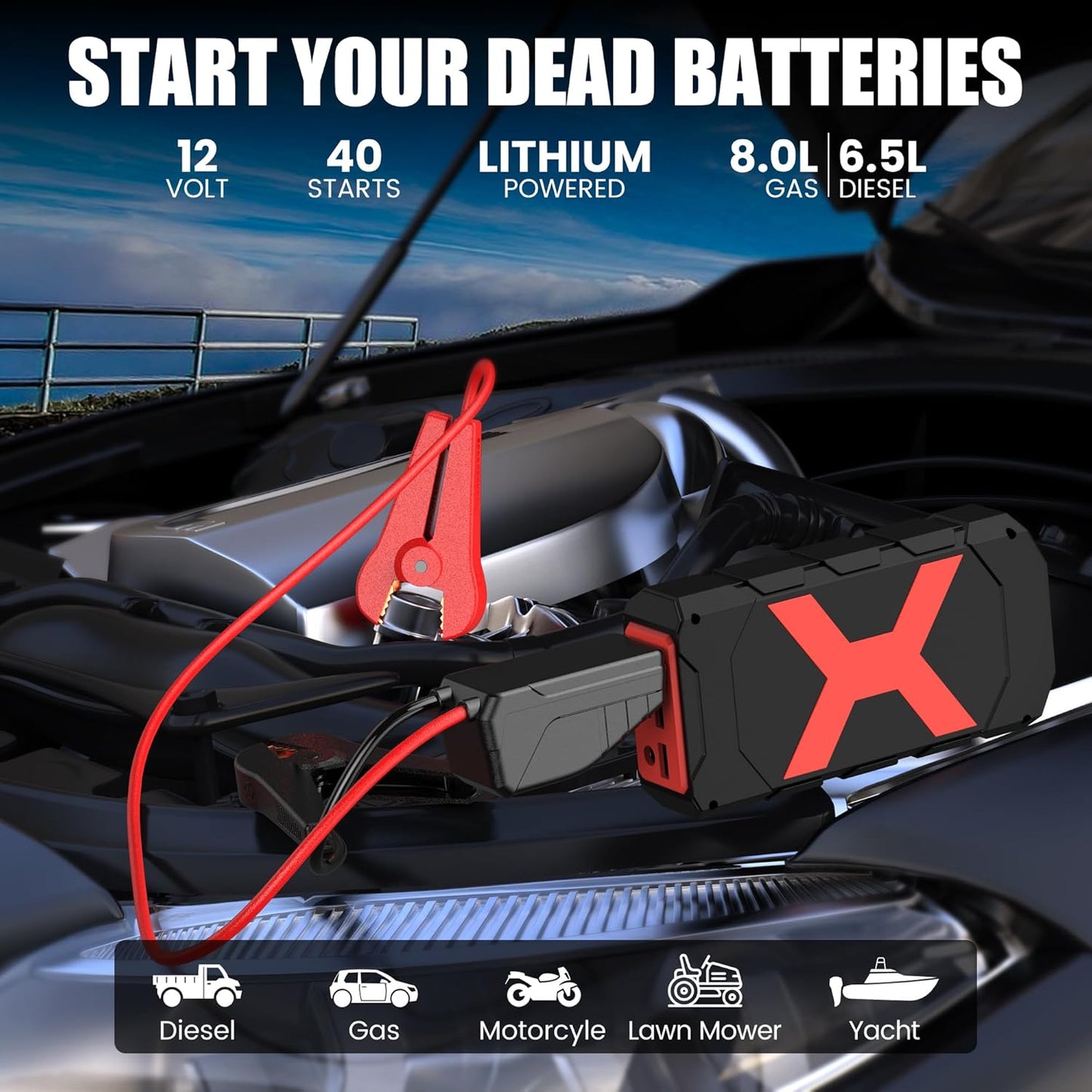 BOOKOO Jump Starter 2000A for Car/Boat/Lawnmower(8.0L Gas/6.5L Diesel Engine) Portable 12V Car Battery Jump Starter with Cables,Wall Charger,USB 3.0 Fast Charging,16V DC Output,3 LED Modes