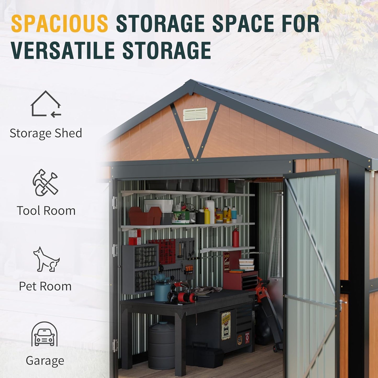 10x12 Ft Outdoor Storage Shed, Extra Large Metal Shed with Frame Floor, Lockable Doors, 2 Windows, Outside Steel Tiny House Ideal for Garden, Backyard, Patio Utility, Tool Storage