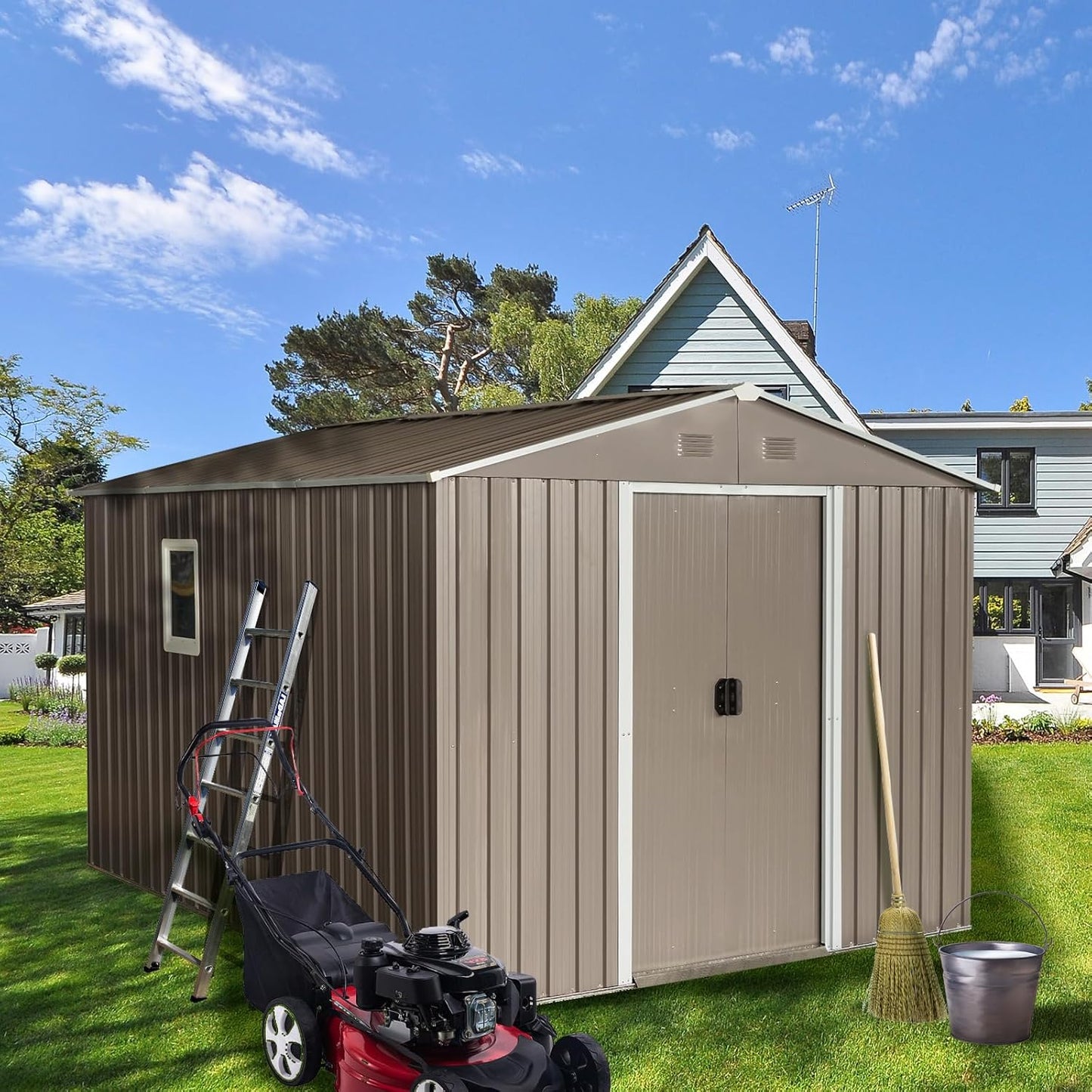 10×8FT Outdoor Metal Storage Shed Large Garden Sheds with Floor Base & Window,Sliding Doors and Padlock for Garden,Backyard,Lawn,Easy to Assemble,Grey