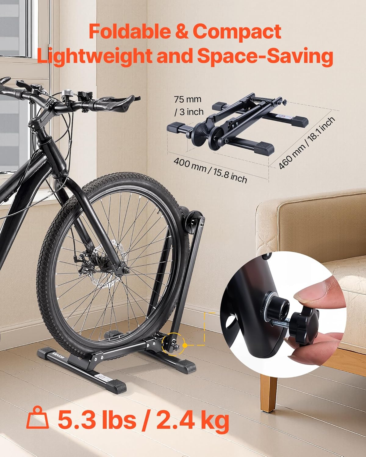 VEVOR Bike Rack, Fits 20 to 29 Inch Mountain & Road Bikes, Alloy Steel Rust-Resistant Bike Floor Stand Rack, Foldable Bicycle Stand for Entryway, Garage, Home Bikes Parking & Storage, 1 Pack, Black