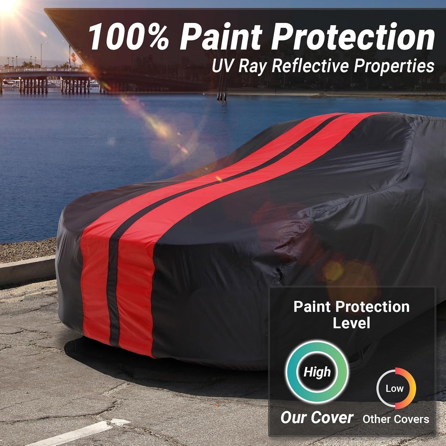iCarCover Custom Car Cover for Pontiac Catalina (1977-1981) Waterproof All-Weather Rain Snow UV Sun Protector Full Exterior Indoor Outdoor Car Cover (Stripe - Black/Red)