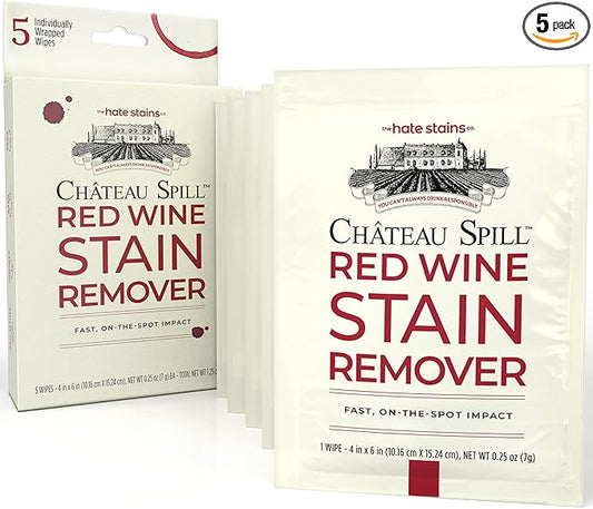 Chateau Spill Red Wine Stain Remover Wipes - 5 Count Individually Wrapped to go Wipes for Stubborn Stains on Clothes, Tablecloth, Carpet, Upholstery and Laundry