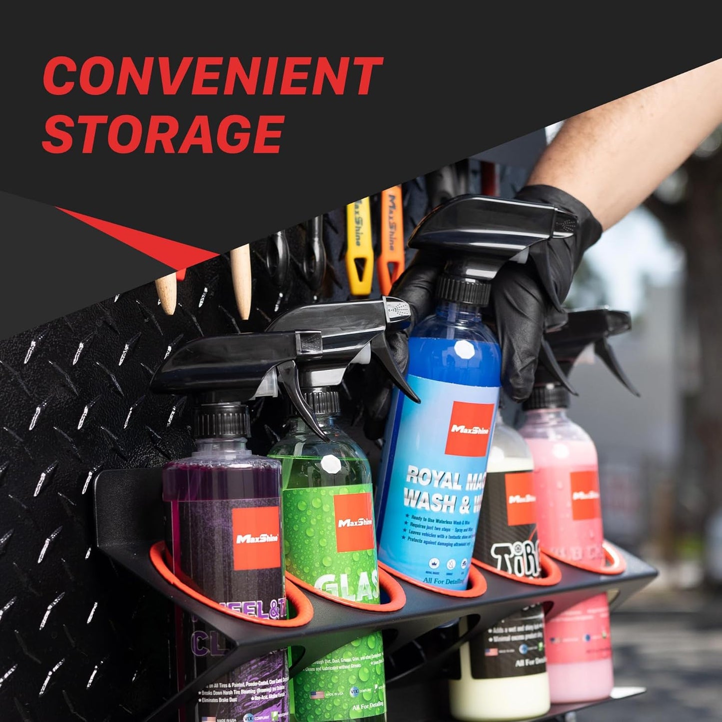 Maxshine Universal Detailing Spray Bottle Holder - Mobile Detailing & Car Garage Organizer, Holds 5 Sprayers (16/32oz) with 4 Small Holes, Lightweight Design, Easy Wall Mounting (Set 1)