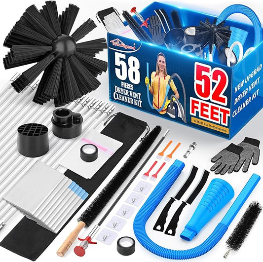 Sealegend 58-Piece 52-Feet Dryer Vent Cleaner Kit, Dryer Cleaning Tools, Omnidirectional Dryer Lint Vacuum Attachment, Dryer Vent Brush, Universal Vacuum & Dryer Adapters (Blue)