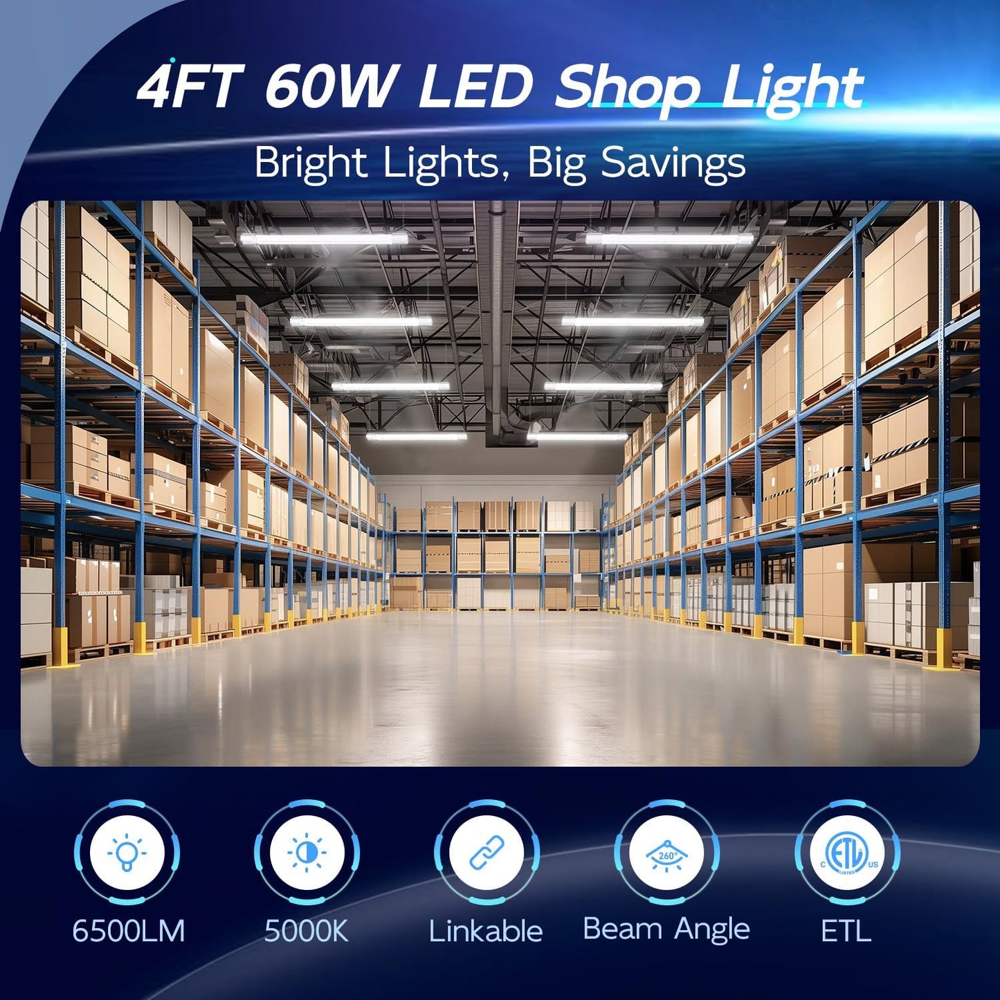hykolity 6 Pack 4FT Linkable LED Shop Light for Garage, 6500lm, 4FT 60W Utility Light Fixture, 5000K Daylight LED Workbench Light with Plug, Hanging or Surface Mount, White - ETL