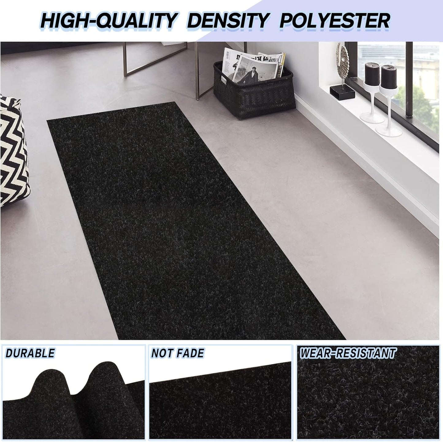 Custom Size Backed Non-Slip Area Rugs Runner, Easy Clean, Waterproof Runner Rugs for Hallway Entryway, Kitchen, Laundry, 2FT x 64FT, Black