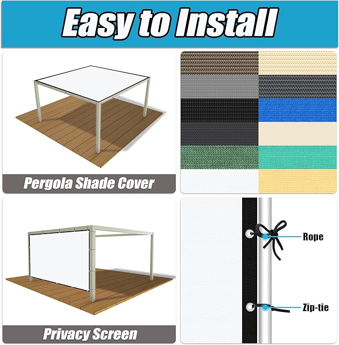 Amagenix 90% Pergola Shade Cover 5' X 10' Sun Shade Cloth with Grommets for Outdoor Garden Patio Porch, Commercial Grade 200 GSM - Cable Zip Ties Included (We Customized) GN108, White