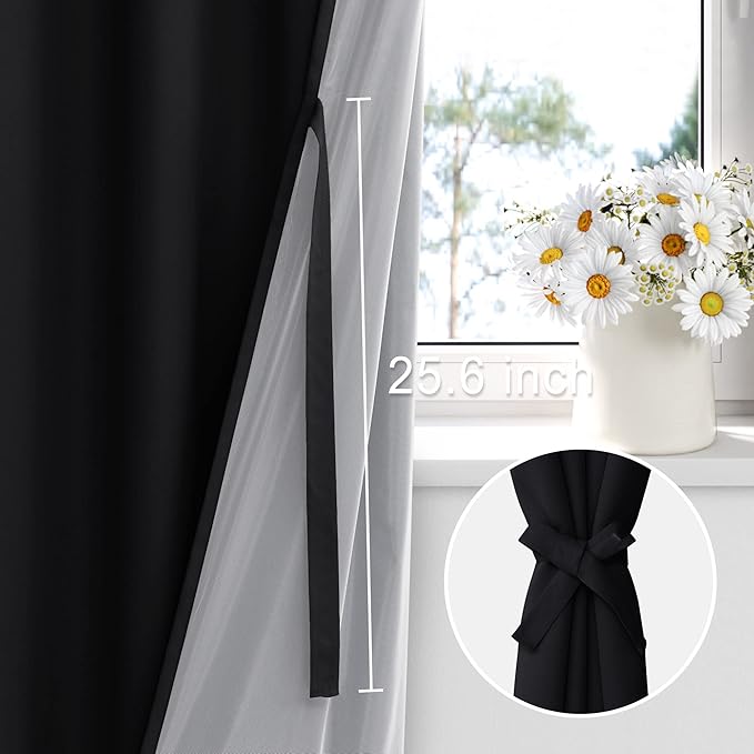 XWZO Black Blackout Curtains 2 Panels with Tiebacks- Heat and Full Light Blocking Window Panels with Grommets for Bedroom/Basement, 54 Inches Long Thermal Insulated Draperies, W42 x L54, Set of 2