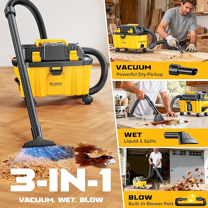 Ecarke 2.5 Gal Cordless Wet Dry Vacuum Compatible with DeWalt 20V Battery, 3-in-1 Shop Vac with Washable HEPA & Brushless Motor, 15KPa Suction, 4 Attachments for Garage Car Workshop (Tool Only)