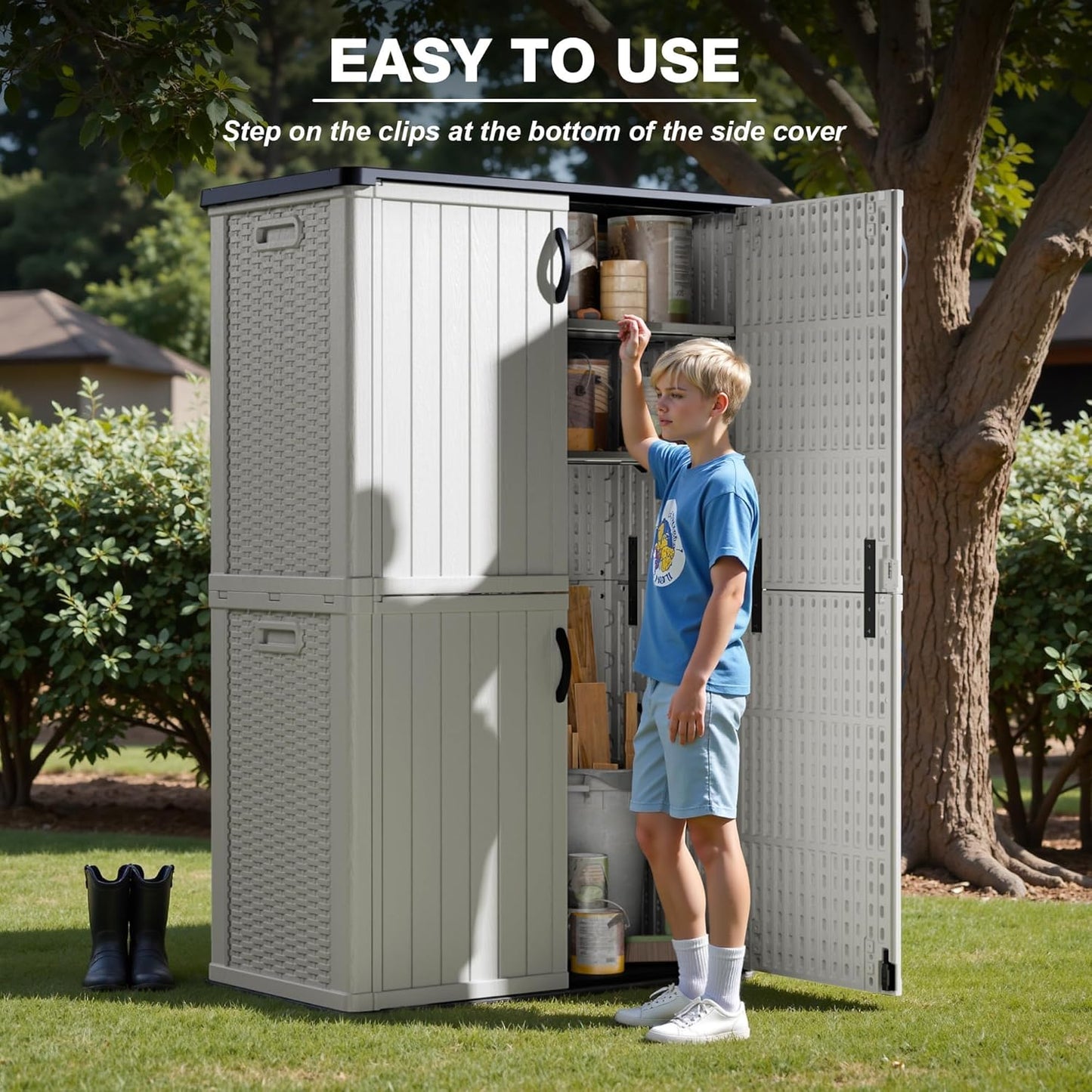 Greesum Outdoor Storage Cabinet Without Shelves, 45 cu.ft Outdoor Waterproof Storage Shed for Garden Tools, Pool Storage, Garbage Cans, White