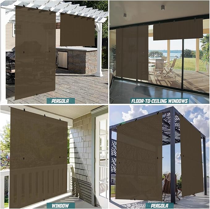 Bynbbur 6'W x 10'H Outdoor Patio Shades Foldable Roller Blinds, 220 GSM Sun Shade Roll Up Porch Screens Exterior Shade Cloth for Deck Pergola Backyard, Brown
