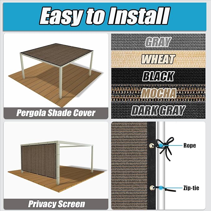 Amagenix 90% Shade Fabric 6'X 10' Mocha Sun Shade Cloth with Grommets for Pergola Replacement Shade Cover Canopy, Heavy Duty, Cable Zip Ties Included (We Customized)