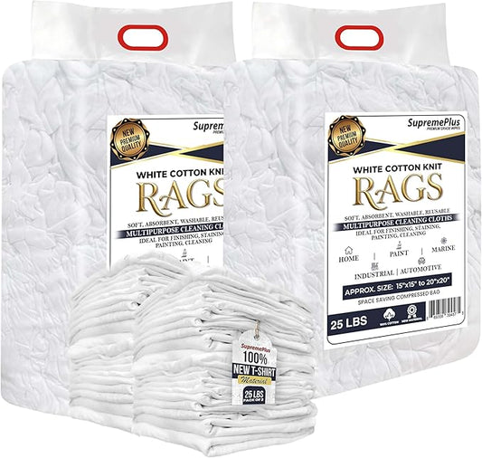 Premium New White Cotton Knit T-Shirt Rags (2x25 lbs. Bag of Rags) - Lint-Free, Soft & Absorbent Cleaning Cloths for Auto, Paint, Garage, Staining & Polishing