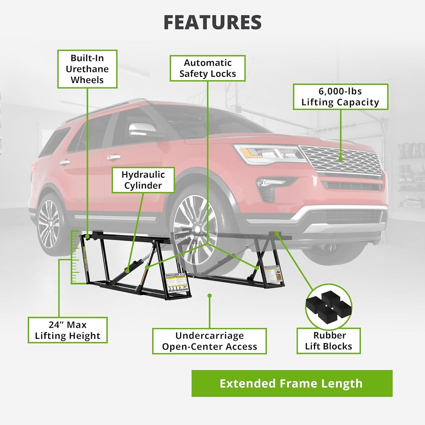QuickJack Bundle - 6000TLX Portable Car Lift, Includes Pinch Weld Blocks & Wall Hangers, ALI Certified, 110V Power Unit, Truck Lift for Garage & Shop, (6,000 lbs. Capacity)