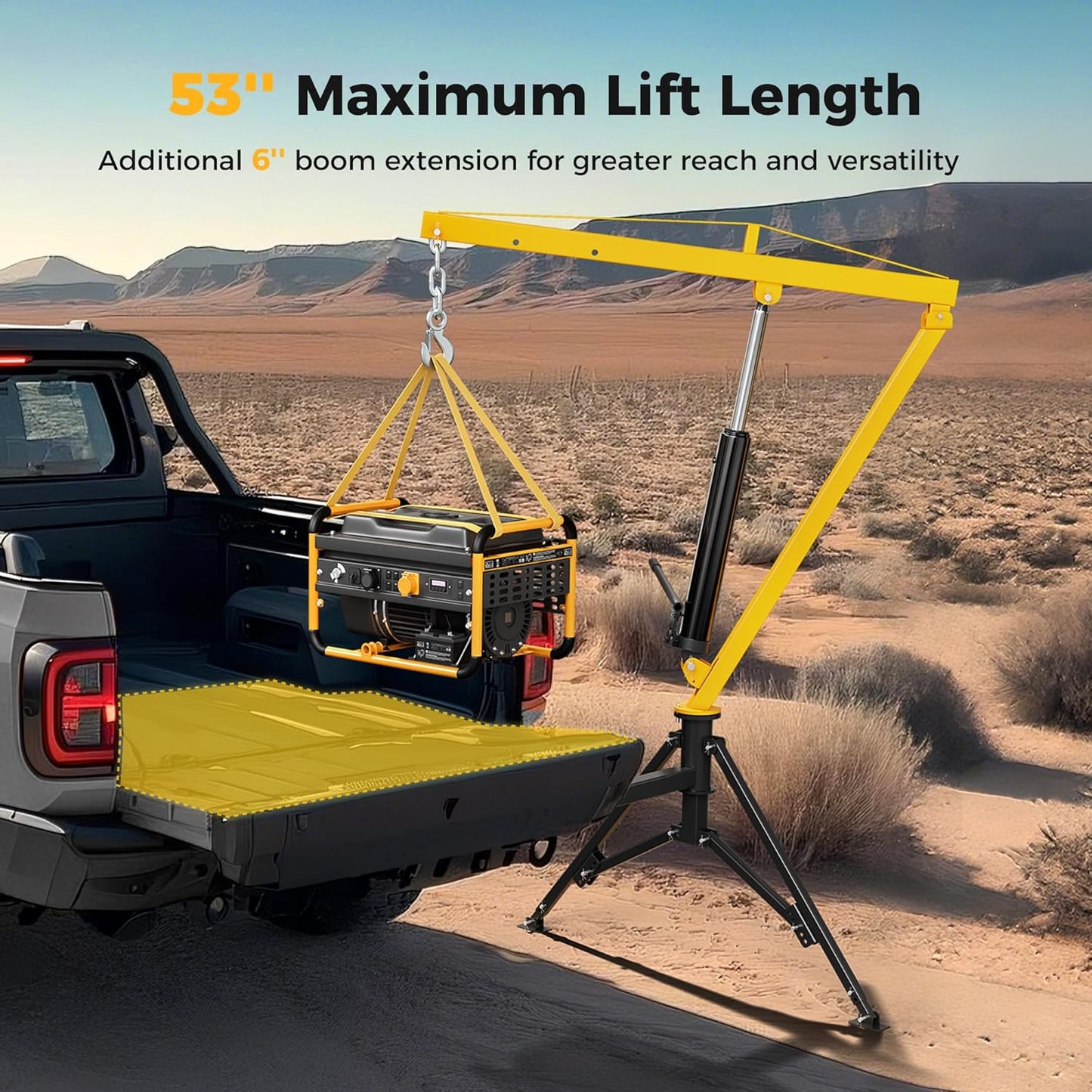 1000lbs Receiver Hitch Mounted Hydraulic 360° Swivel Truck Crane with 3 Boom Capacity Options: 500lbs, 750lbs, 1000lbs. Ideal for Workshops, Construction, Agriculture, and Logging