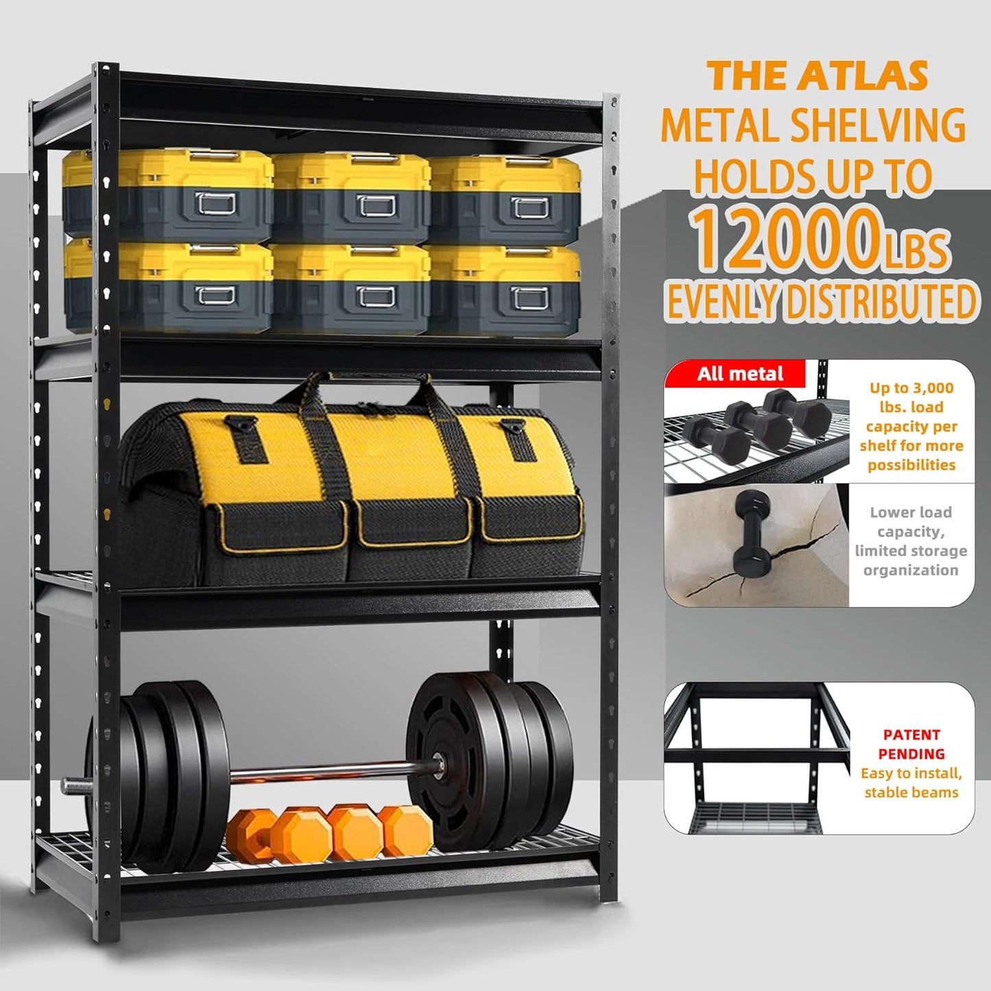 The Atlas 48" W Heavy Duty Garage Shelving Unit Load 12000 Lbs, Metal Shelves for Storage, Adjustable All Steel Industrial Rack, 48" W x 24" D x 72" H, Black