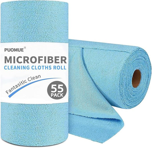 Puomue 55 Pack Microfiber Cleaning Cloth Roll, Tear Away Reusable Towels, 11" X 9", Ultra Absorbent & Lint Free Microfiber Cloth for Cleaning Cars, Kitchen, Window, Home and Shop, Blue