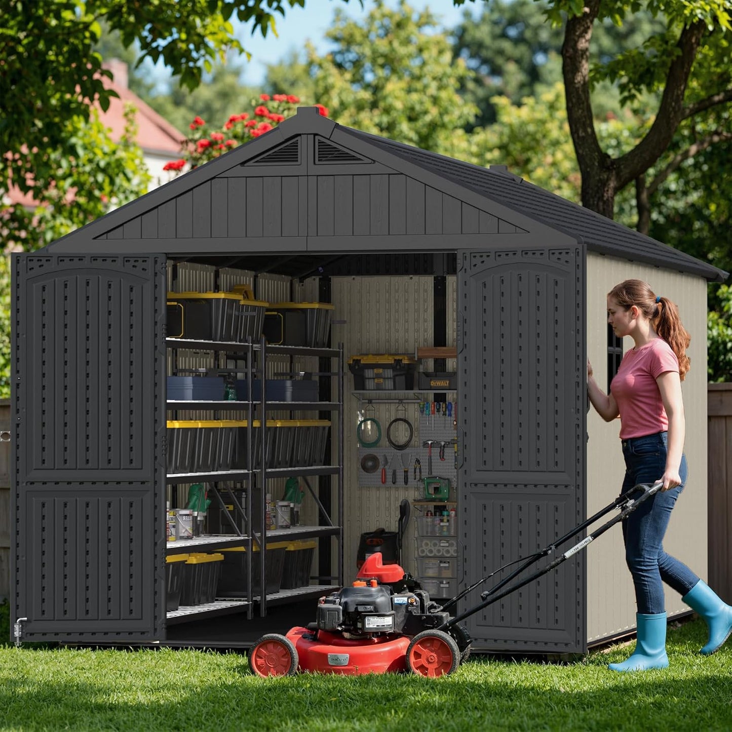 Greesum 8×12 FT Plastic Outdoor Storage Shed with Floor, Resin Sheds with Window and Lockable Door, Weather Resistant Organization for Garden, Lawn, Pool Supplies, Beige