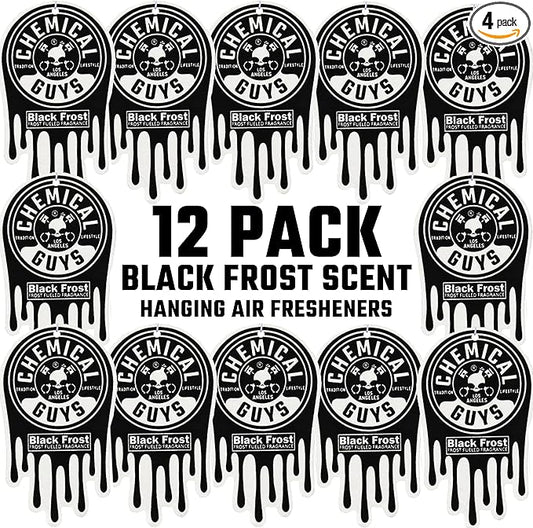 Chemical Guys Car Fresheners, Hanging Air Freshener, Black Frost Scent 12 Pack, Great for Cars, Trucks, SUVs, RVs, Home, Garage, Workspace, Dorm Room & More (4 x 3 Packs)
