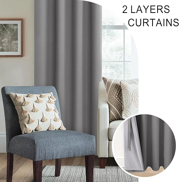 XWZO 100% Blackout Curtain Panels with Tiebacks- Thermal Insulated Black Liner Short Curtains, Noise Reducing and Heat Blocking Drapes for Hall and Studio Windows, Grey, W38 x L72, Set of 2