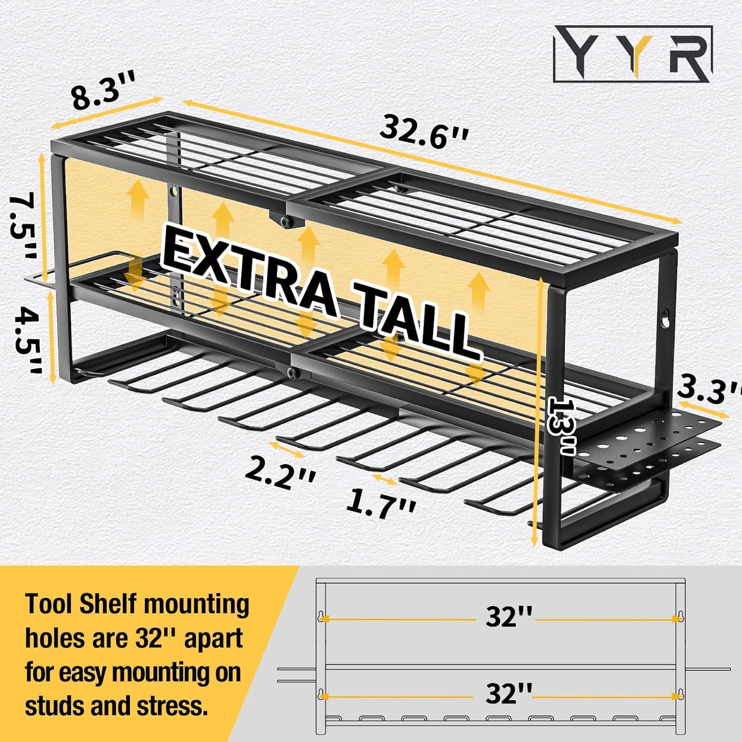 YYR Heavy Duty Power Tool Organizer Wall Mount, Cordless Drill Hanger Storage Rack, Battery Tools Holder with Charging Station Shelf for Garage Organization, Workshop, Pegboard, Shed - 32 Inch 8 Slots
