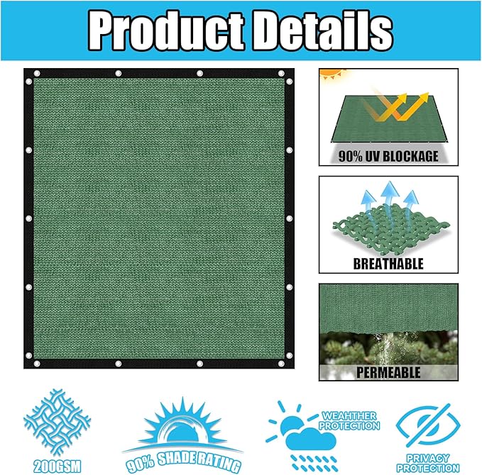 Amagenix 90% Pergola Shade Cover 12' X 14' Sun Shade Cloth with Grommets for Outdoor Garden Patio Porch, Commercial Grade 200 GSM - Cable Zip Ties Included (We Customized) GN108, Green