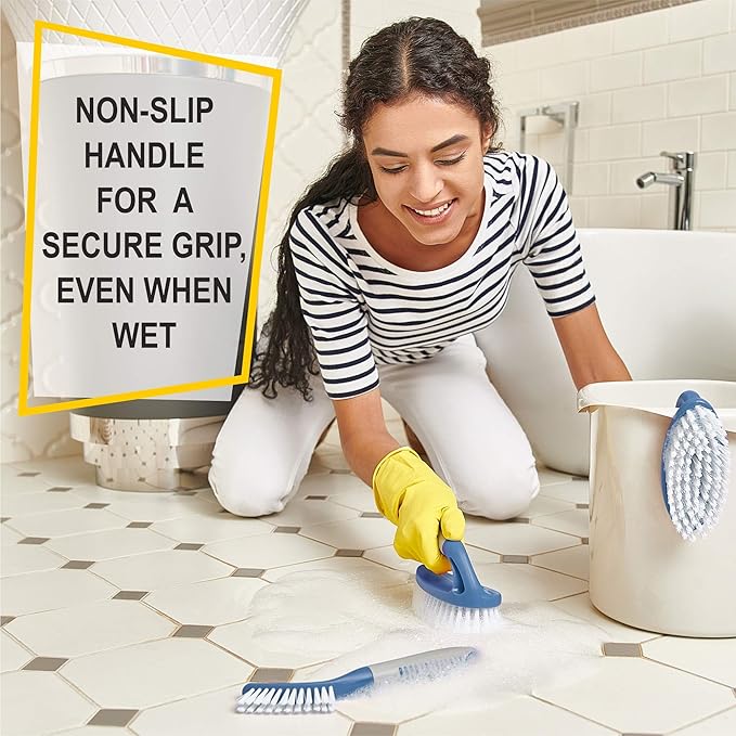 Scrub Brush Set of 3pcs - Cleaning Shower Scrubber with Ergonomic Handle and Durable Bristles - Grout Cleaner Brush - Scrub Brushes for Cleaning Bathroom/Shower/Tile/Kitchen/Floor/Bathtub/Carpet, Blue