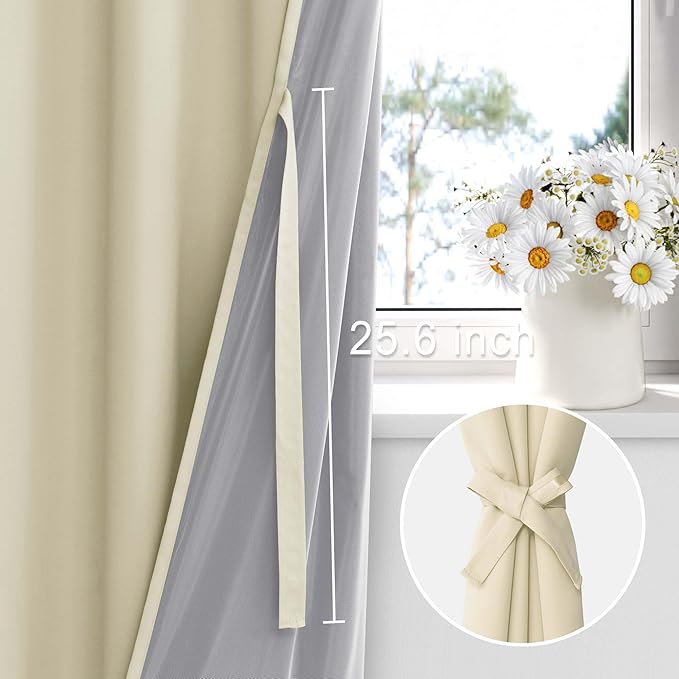 XWZO 100% Blackout Curtains - Heat and Full Light Blocking Drapes with Black Liner for Bedroom/Laundry Room, Grommet Top Window Panels with Tiebacks, Beige, W60 x L63, Set of 2
