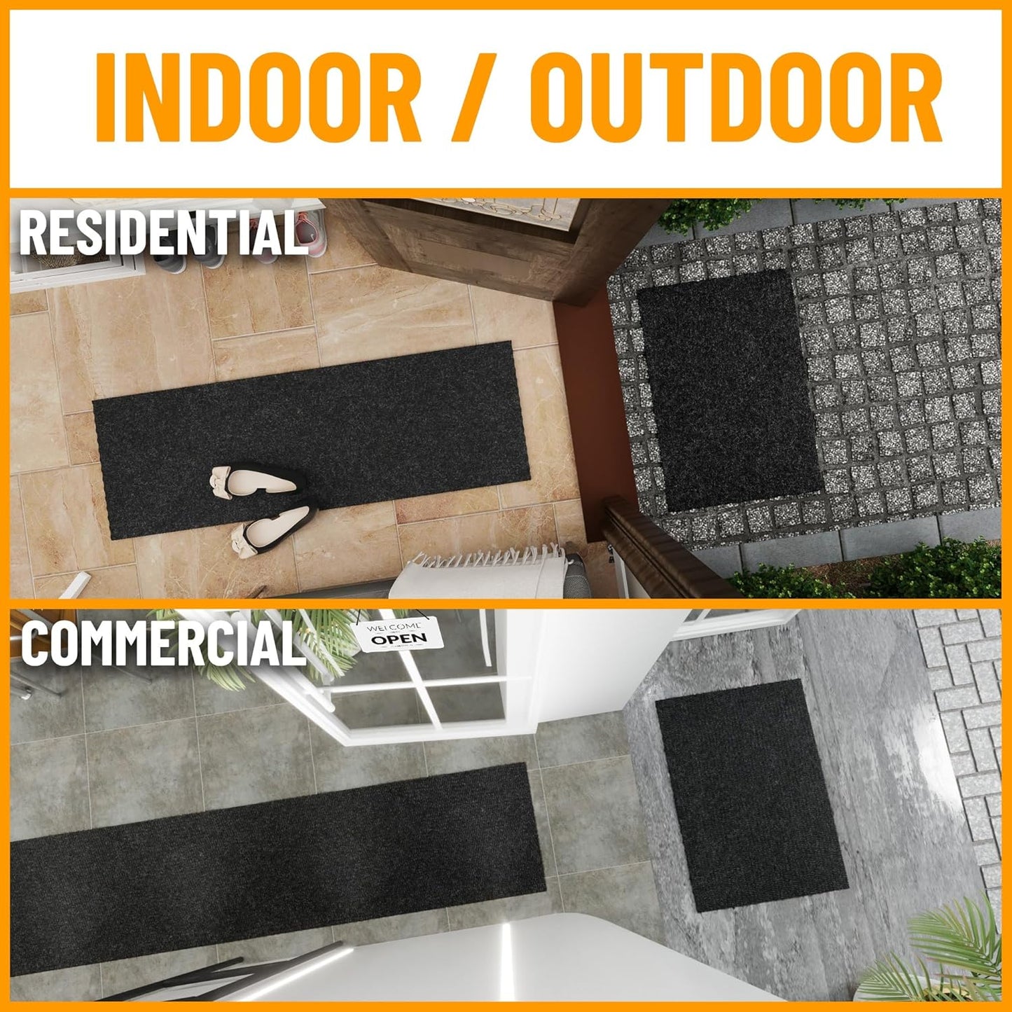 Ottomanson 2' x 44' Hallway Runner with Scraper Pile Extra Durable Non-Slip Rug Mat for Indoor & Outdoor Use - Ideal for Kitchen, Entryway, Patio & Garage - High-Traffic Carpet, Black