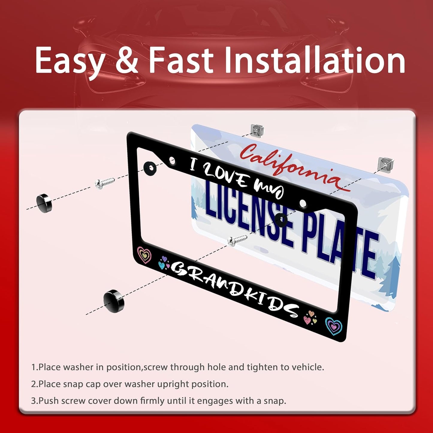 Personalized License Plate Frame I Love My Grandkids Stainless Steel Accessory Family License Plate Holder Funny Car Decorative 2 Holes Fits Us Standard License Plates 12.2 X 6.3 in for Men Women