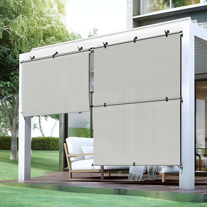 Bynbbur 4'W x 13'H Outdoor Patio Shades Foldable Roller Blinds, 220 GSM Sun Shade Roll Up Porch Screens Exterior Shade Cloth for Deck Pergola Backyard, Light Gray