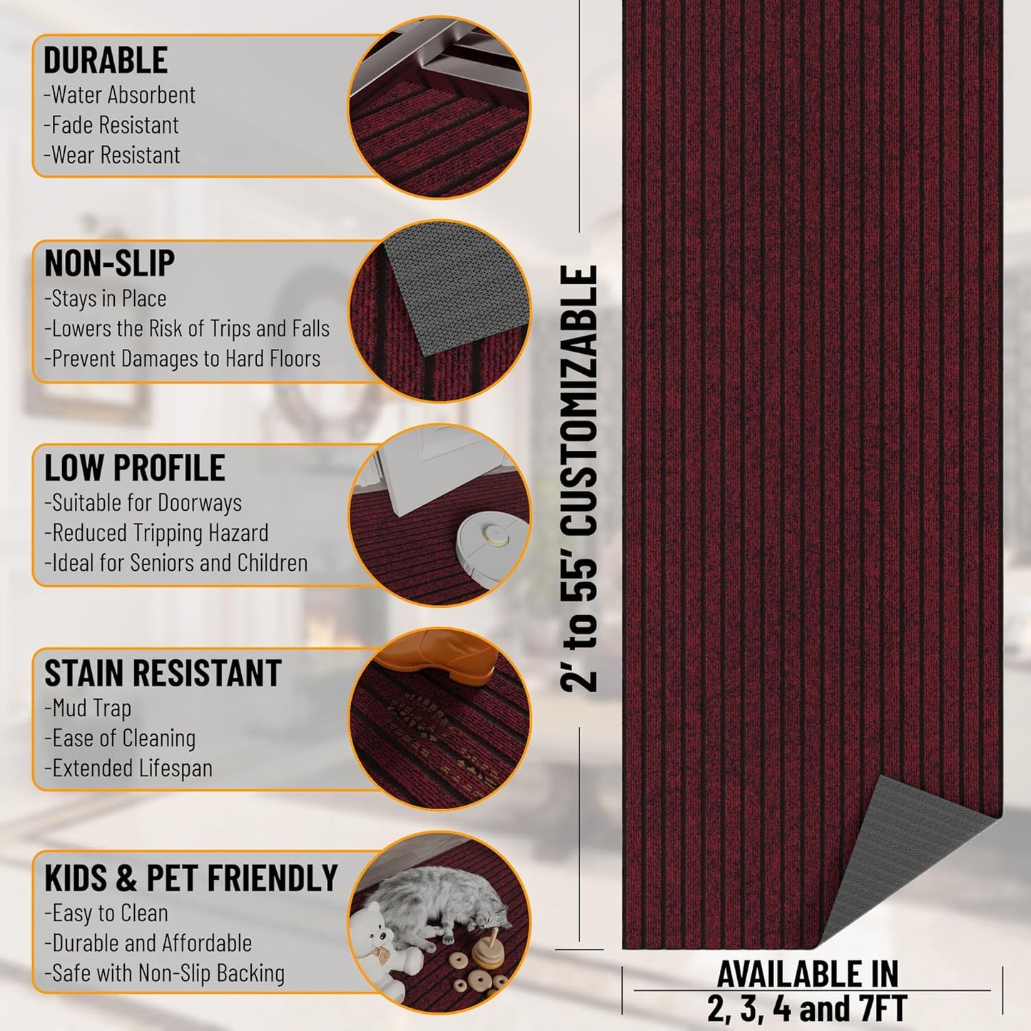 Ottomanson Mud Mat 2' x 2' Entryway Rug - Non-Slip Scraper Doormat for Muddy Paws, Dirt Trapping Indoor/Outdoor Mat for High-Traffic Areas, Kitchen, Garage, Patio, Red