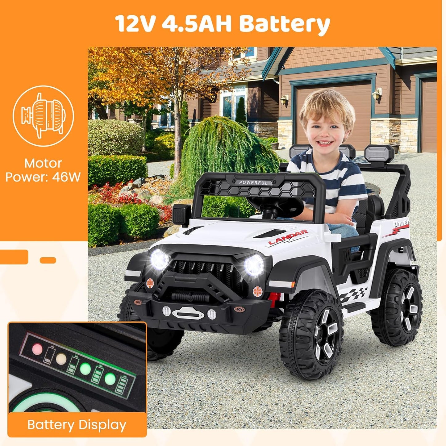 Costzon Kids Ride on Truck, 12V Electric Ride on Car with Remote Control, 3 Speed & Spring Suspension, Wireless Connection, USB, Music, Light, Kids Ride on Toys for Boys Girls (White)