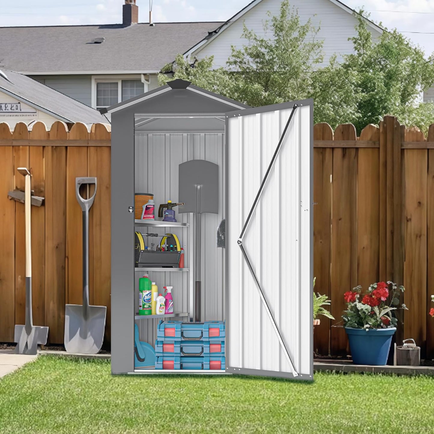 Outdoor Metal Storage Shed, Waterproof Garden Tool Shed with Lock, Galvanized Steel Utility Cabinet, Weather-Resistant Storage Locker for Backyard, Patio, Garage Tools Organization (Black)