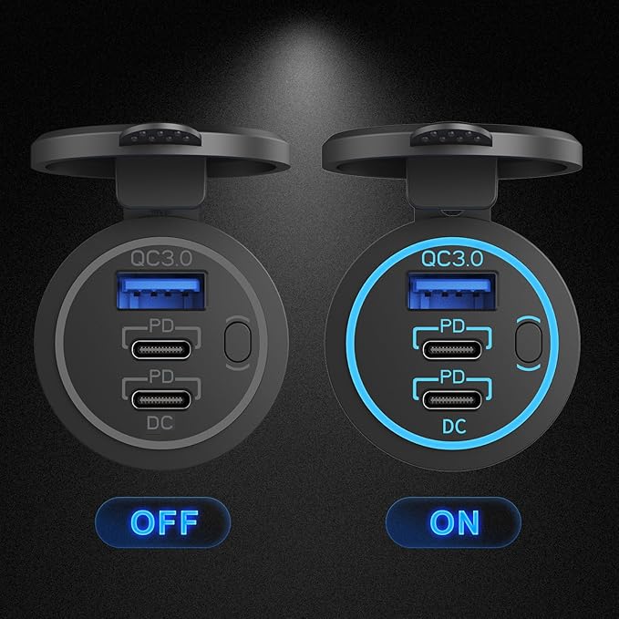 12V USB Outlet Wire USB Charger Multi Port, Dual PD3.0 USB-C and Quick Charge3.0 Car Port Socket with Power Switch, Fast Charge for Phone lPad Android Phones, Suitable for Car Boat RV Marine ATV