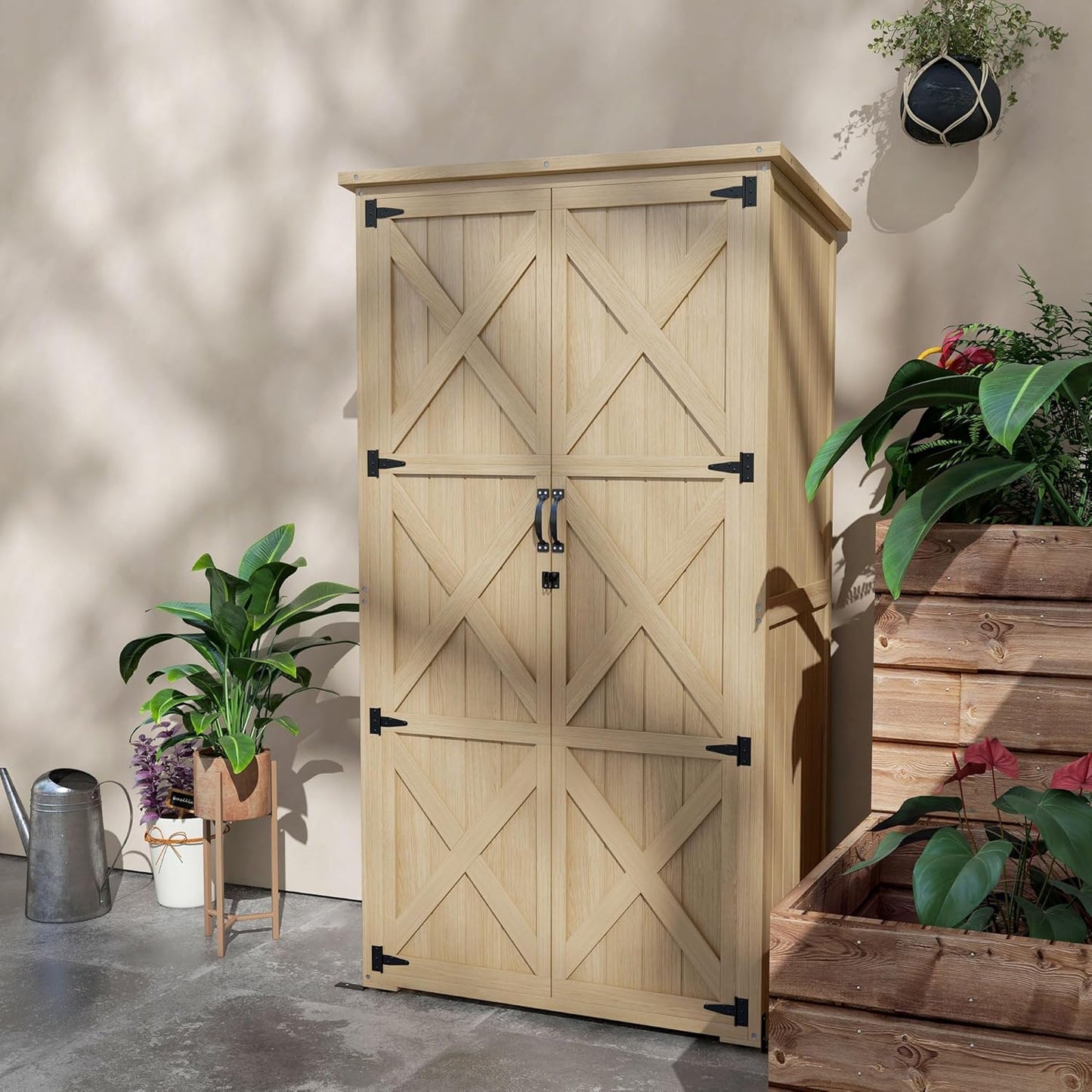 Wooden Garden Shed, Outdoor Storage Cabinet with Waterproof Asphalt Roof, Narrow Tool Shed with Shelves and Lockable Doors, Natural